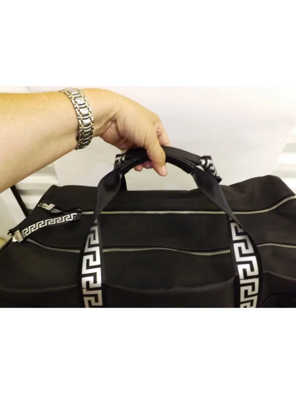 VERSACE black Overnight Duffle Bag With Strap Greek Key Pattern Weekender Bag